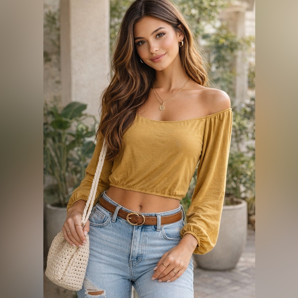 NWT Altar States Mustard Off-Shoulder Long Sleeve Crop Top - Large